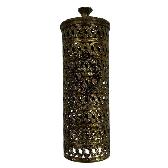 VINTAGE METAL FILIGREE VANITY HOLLYWOOD REGENCY HAIR/FRESHENER SPRAY CAN COVER ! - Picture 8 of 8